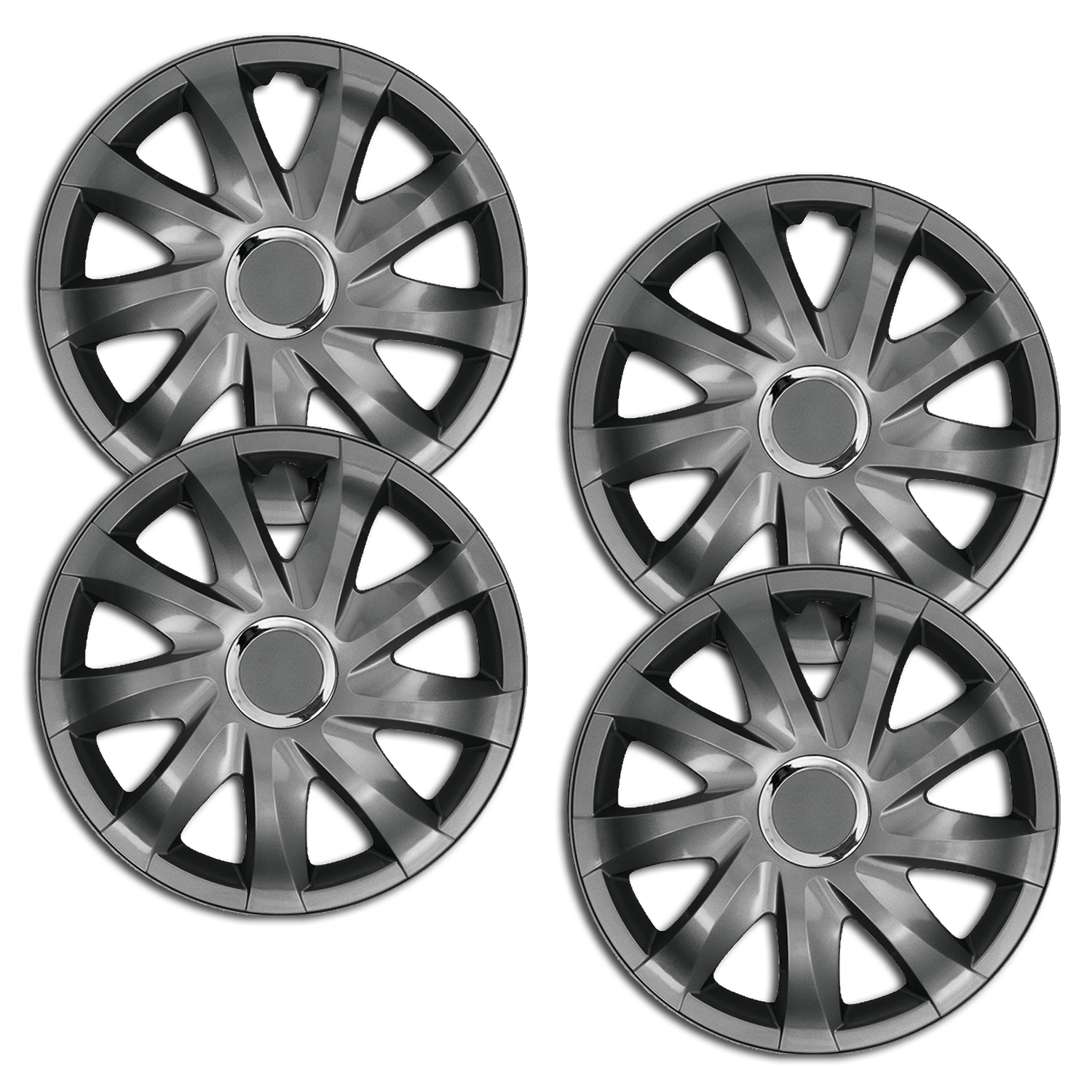 Eine Frontaufnahme des 4er Set Radkappen Modell RKK01 in graphit.