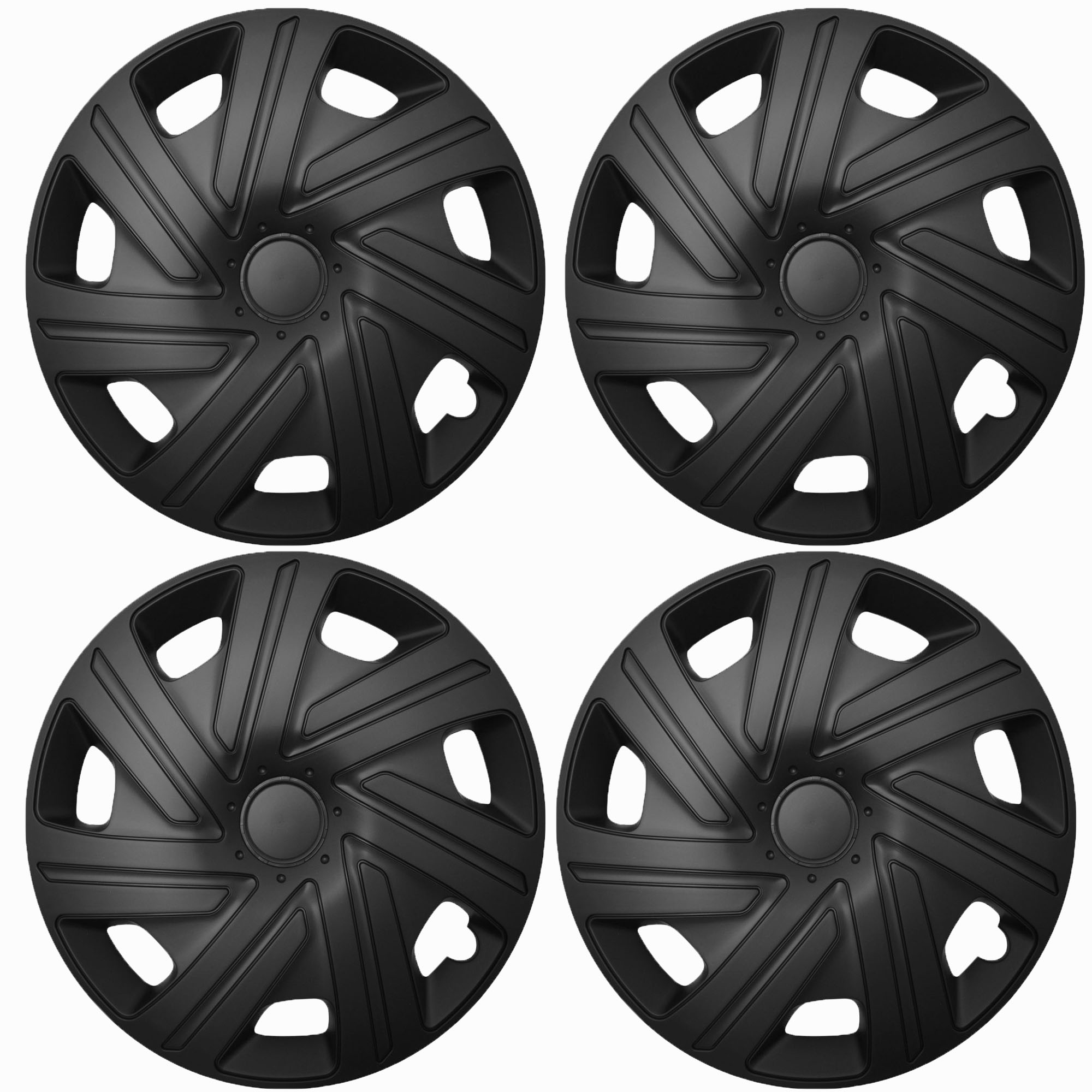 Eine Frontaufnahme des 4er Set Radkappen Modell RKK07 in schwarz.