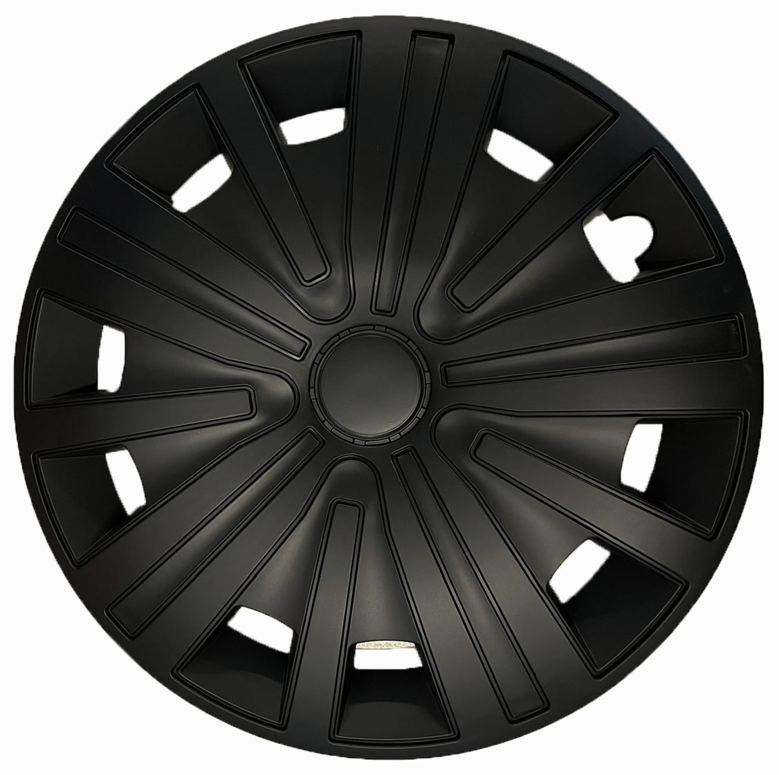 Eine Frontaufnahme der Radkappe Modell RKK17 in schwarz.