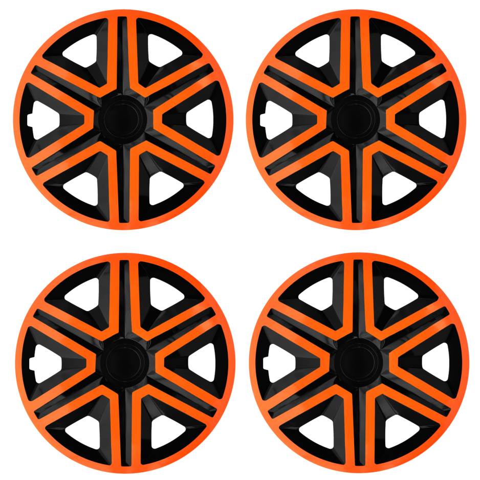 Eine Frontaufnahme des 4er Set Radkappen Modell RKK20 in schwarz-orange.